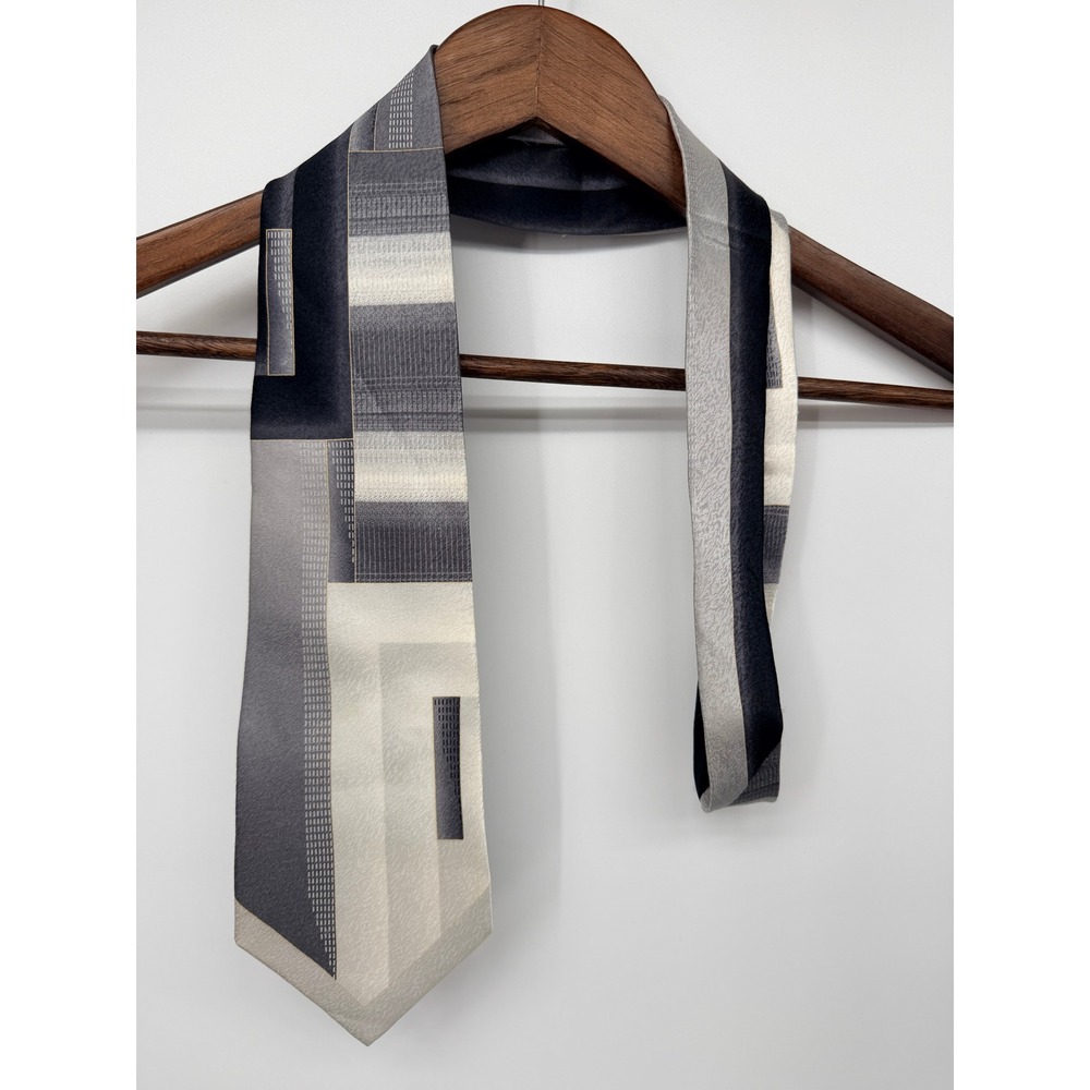 Pierre Cardin Silk Tie Mens OS Grey Geometric Fair Frayed Loop Abstract Wide